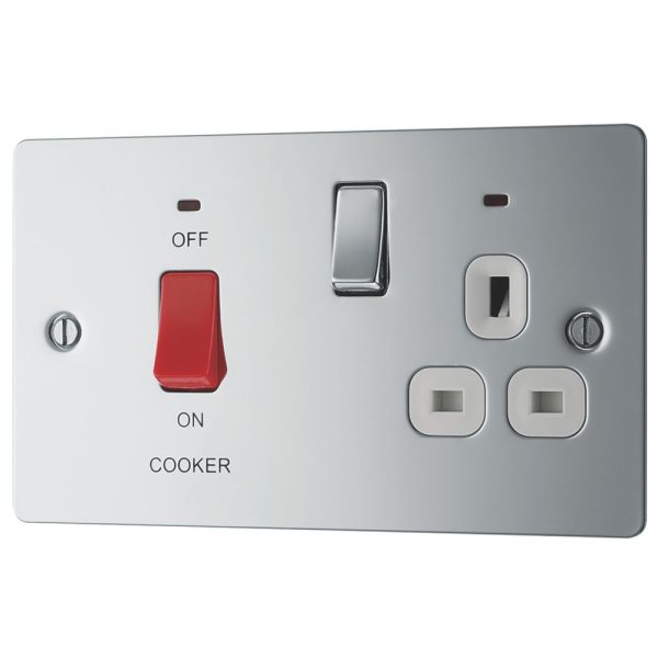 LAP  45A 2-Gang DP Cooker Switch & 13A DP Switched Socket Polished Chrome with LED with White Inserts