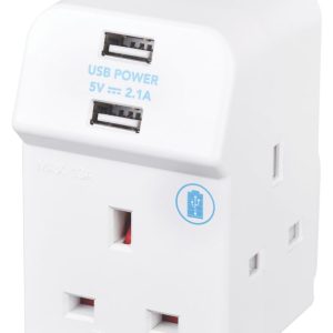 Masterplug 13A Fused 3-Way Socket Adaptor + 2.1A 2-Outlet Type A USB Charger White