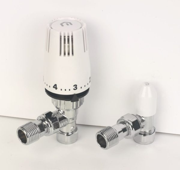 Myson PLUSPAK10AC 10mm x 1/2" Chrome/White Angled Standard Thermostatic Radiator Valve & Lockshield