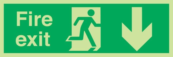 Nite-Glo  Photoluminescent "Fire Exit" Down Arrow Sign 150mm x 450mm