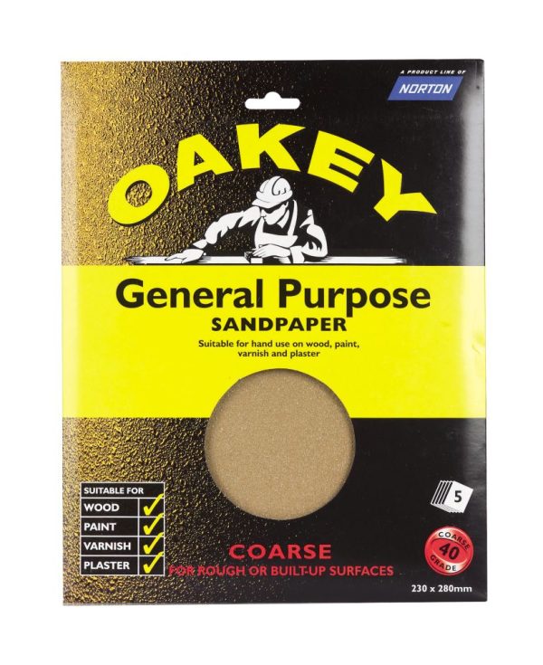 Oakey  40 Grit  Glass Paper 280mm x 230mm 5 Pack