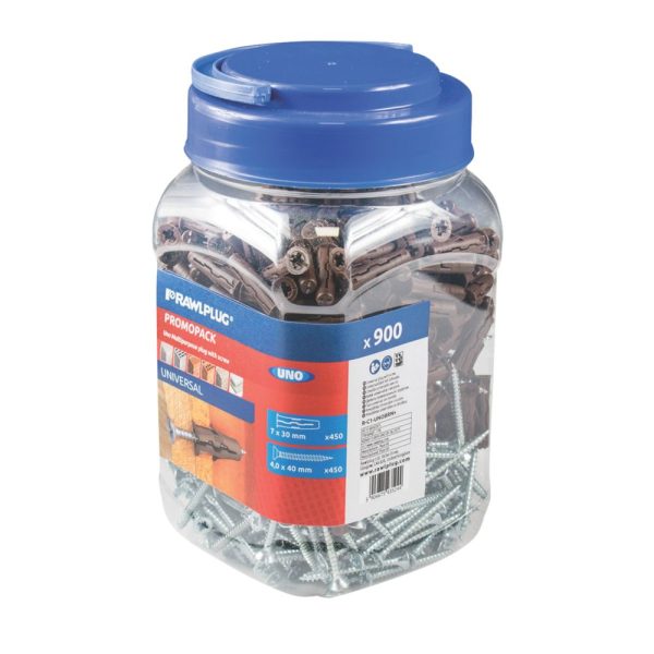 Rawlplug Uno Wall Plugs & Screws  7mm x 40mm 450 Pack