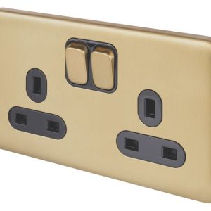 Schneider Electric Lisse Deco 13A 2-Gang DP Switched Plug Socket Satin Brass  with Black Inserts