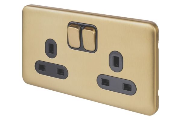 Schneider Electric Lisse Deco 13A 2-Gang DP Switched Plug Socket Satin Brass  with Black Inserts