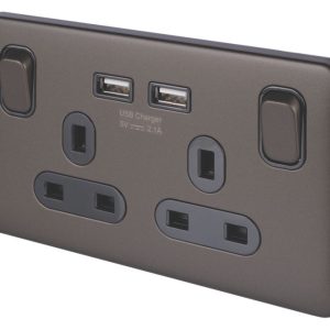 Schneider Electric Lisse Deco 13A 2-Gang SP Switched Socket + 2.1A 10.5W 2-Outlet Type A USB Charger Mocha Bronze with Black Inserts