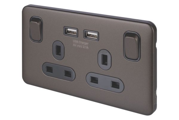 Schneider Electric Lisse Deco 13A 2-Gang SP Switched Socket + 2.1A 10.5W 2-Outlet Type A USB Charger Mocha Bronze with Black Inserts