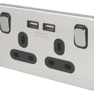 Schneider Electric Lisse Deco 13A 2-Gang SP Switched Socket + 2.1A 10.5W 2-Outlet Type A USB Charger Polished Chrome with Black Inserts