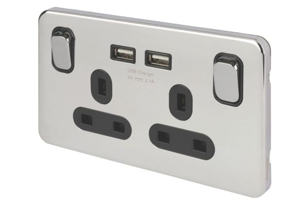 Schneider Electric Lisse Deco 13A 2-Gang SP Switched Socket + 2.1A 10.5W 2-Outlet Type A USB Charger Polished Chrome with Black Inserts