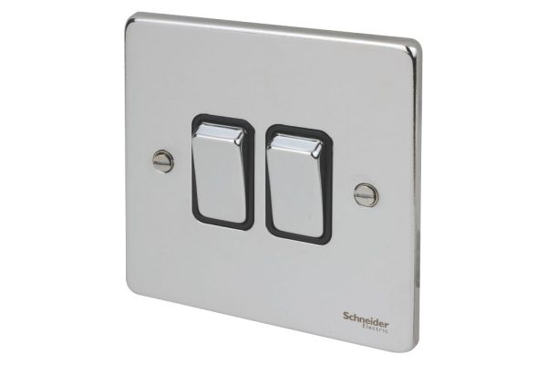 Schneider Electric Ultimate Low Profile 16AX 2-Gang 2-Way Light Switch  Polished Chrome with Black Inserts