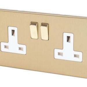 Varilight  13AX 2-Gang DP Switched Plug Socket Brushed Brass  with White Inserts