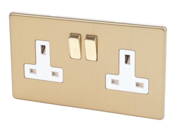Varilight  13AX 2-Gang DP Switched Plug Socket Brushed Brass  with White Inserts