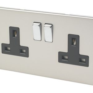 Varilight  13AX 2-Gang DP Switched Plug Socket Satin Chrome  with Black Inserts