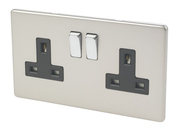 Varilight  13AX 2-Gang DP Switched Plug Socket Satin Chrome  with Black Inserts