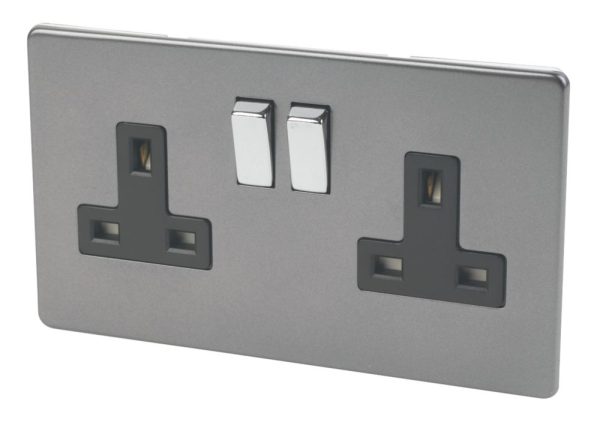 Varilight  13AX 2-Gang DP Switched Plug Socket Slate Grey  with Black Inserts
