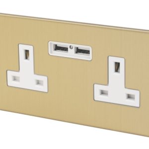 Varilight  13AX 2-Gang Unswitched Socket + 2.1A 10.5W 2-Outlet Type A USB Charger Brushed Brass with White Inserts