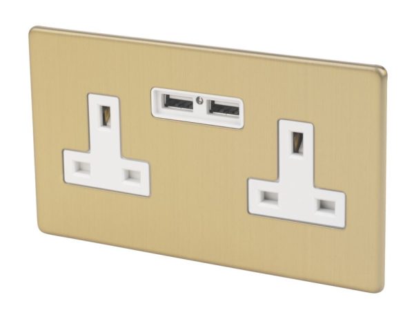 Varilight  13AX 2-Gang Unswitched Socket + 2.1A 10.5W 2-Outlet Type A USB Charger Brushed Brass with White Inserts