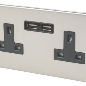 Varilight  13AX 2-Gang Unswitched Socket + 2.1A 10.5W 2-Outlet Type A USB Charger Satin Chrome with Black Inserts