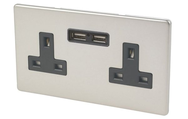 Varilight  13AX 2-Gang Unswitched Socket + 2.1A 10.5W 2-Outlet Type A USB Charger Satin Chrome with Black Inserts