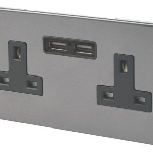 Varilight  13AX 2-Gang Unswitched Socket + 2.1A 10.5W 2-Outlet Type A USB Charger Slate Grey with Black Inserts