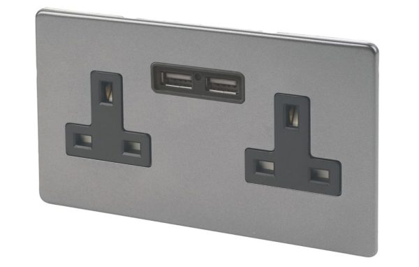 Varilight  13AX 2-Gang Unswitched Socket + 2.1A 10.5W 2-Outlet Type A USB Charger Slate Grey with Black Inserts